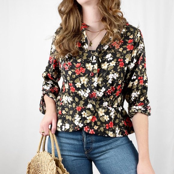 Vintage Teruko Floral Silky Button Up Long Sleeve Romantic Blouse Novelty Print - Picture 4 of 8